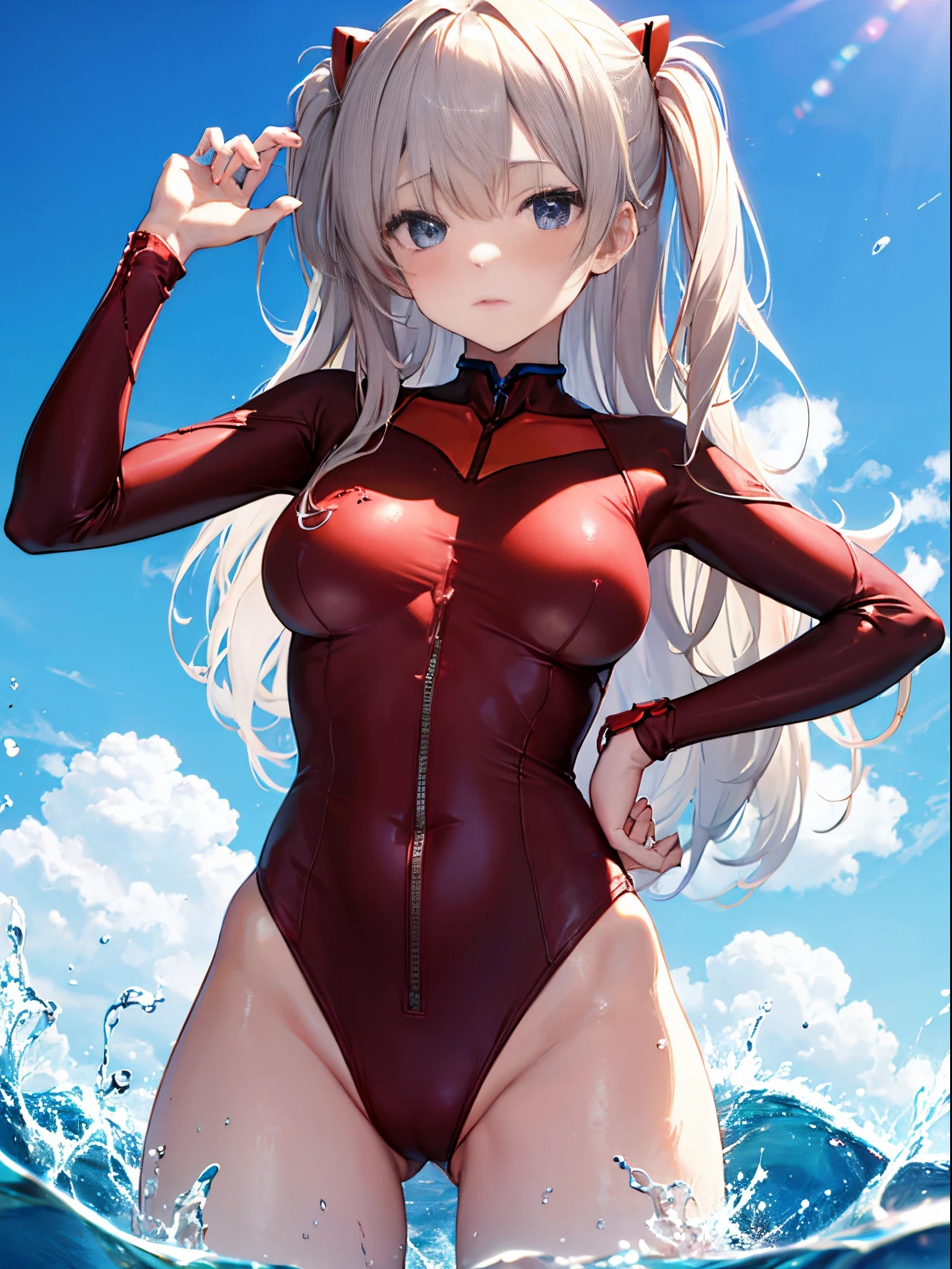 NSFW、爆乳、Slender beautiful girl、Soio、evangerion、Shikinami Asuka Langley、{red plugsuit}、School swim wear、top-quality、finely detail、Does not blush cheeks、Undersized breasts、Small eyes、blue-sky、splash water、Pose with hands on hips