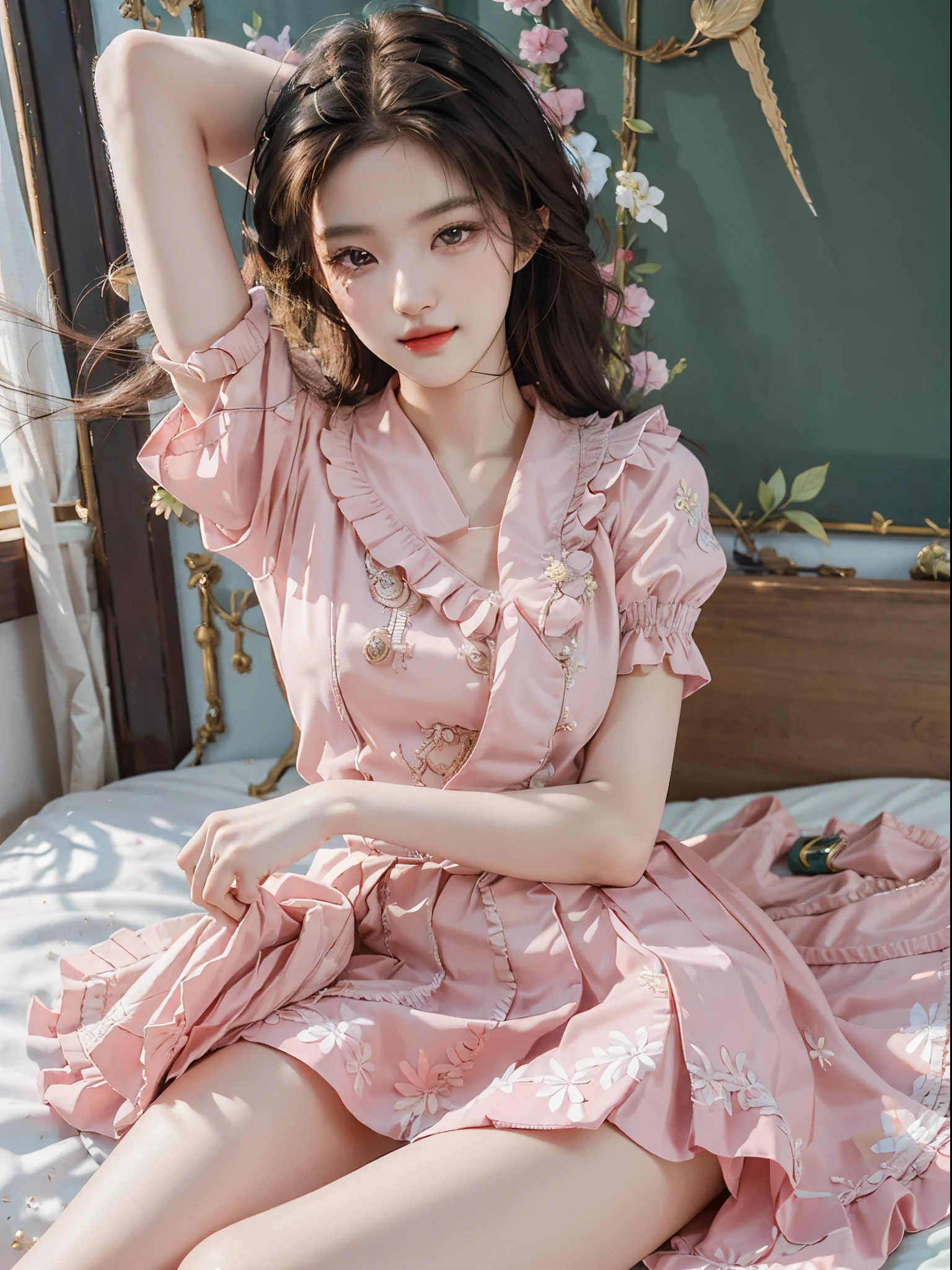 pleated skirt,pink skirt,pink sailor collar, fashi-girl,red lips,mature female,makeup, liuyifei, ((cowboy shot)), (best quality, masterpiece:1.2), ultra-detailed, (realistic:1.37), beautiful, youthful, glamorous model with (detailed eyes, detailed lips, extremely detailed eyes), Lie in bed, in a knee shot, with white and floral colors, showcasing a radiant smile, slender figure, long legs, creating a breathtaking depiction of a girl enjoying the sleep