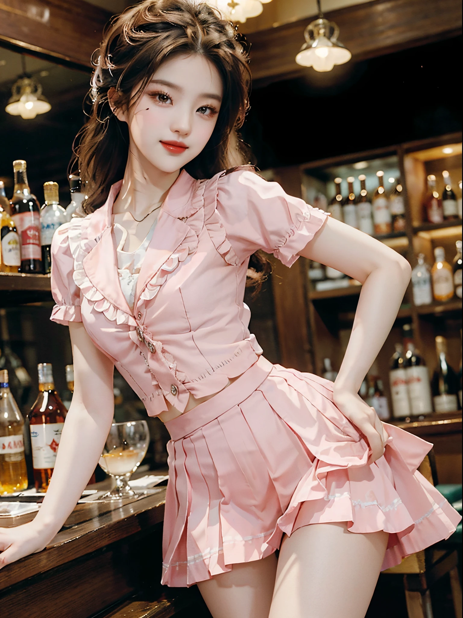 pleated skirt,pink skirt,pink sailor collar, fashi-girl,red lips,mature female,makeup, liuyifei,((from below)),((cowboy shot)), a beautiful girl, a young female model,  random pose, elegant pose, visually appealing, masterpiece, (best quality, 4k, 8k, highres, masterpiece:1.2), ultra-detailed, ultra-fine painting, exquisite face, slender figure, smiling, radiant smile, In a bar, stand and lean against the bar counter