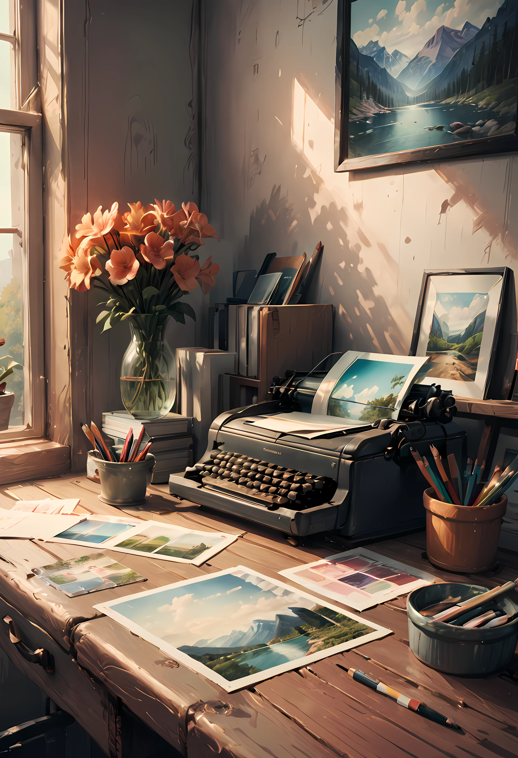 (masterpiece, best quality:1.2), no humans, (postcards, desk:1.1), postcards, interior, postcards of various landscapes, desk, pencil, postcards, warm tone, Fujifilm, motion blur, cinematic lighting, bloom, chromatic aberration abuse, film grain, Fujicolor, masterpiece, super detail, highres, best quality