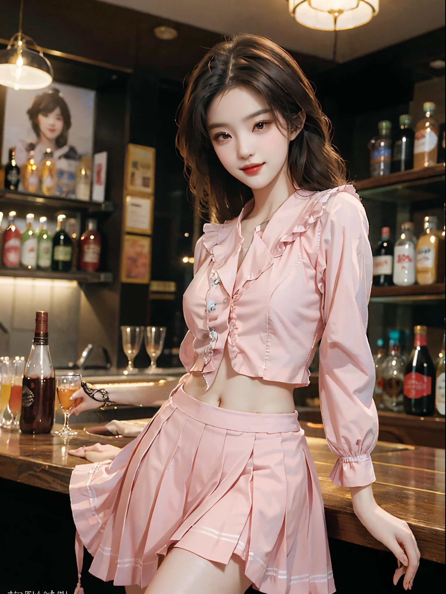 pleated skirt,pink skirt,pink sailor collar, fashi-girl,red lips,mature female,makeup, liuyifei,((from below)),((cowboy shot)), a beautiful girl, a young female model, random pose, elegant pose, visually appealing, masterpiece, (best quality, 4k, 8k, highres, masterpiece:1.2), ultra-detailed, ultra-fine painting, exquisite face, slender figure, smiling, radiant smile, In a bar, stand and lean against the bar counter