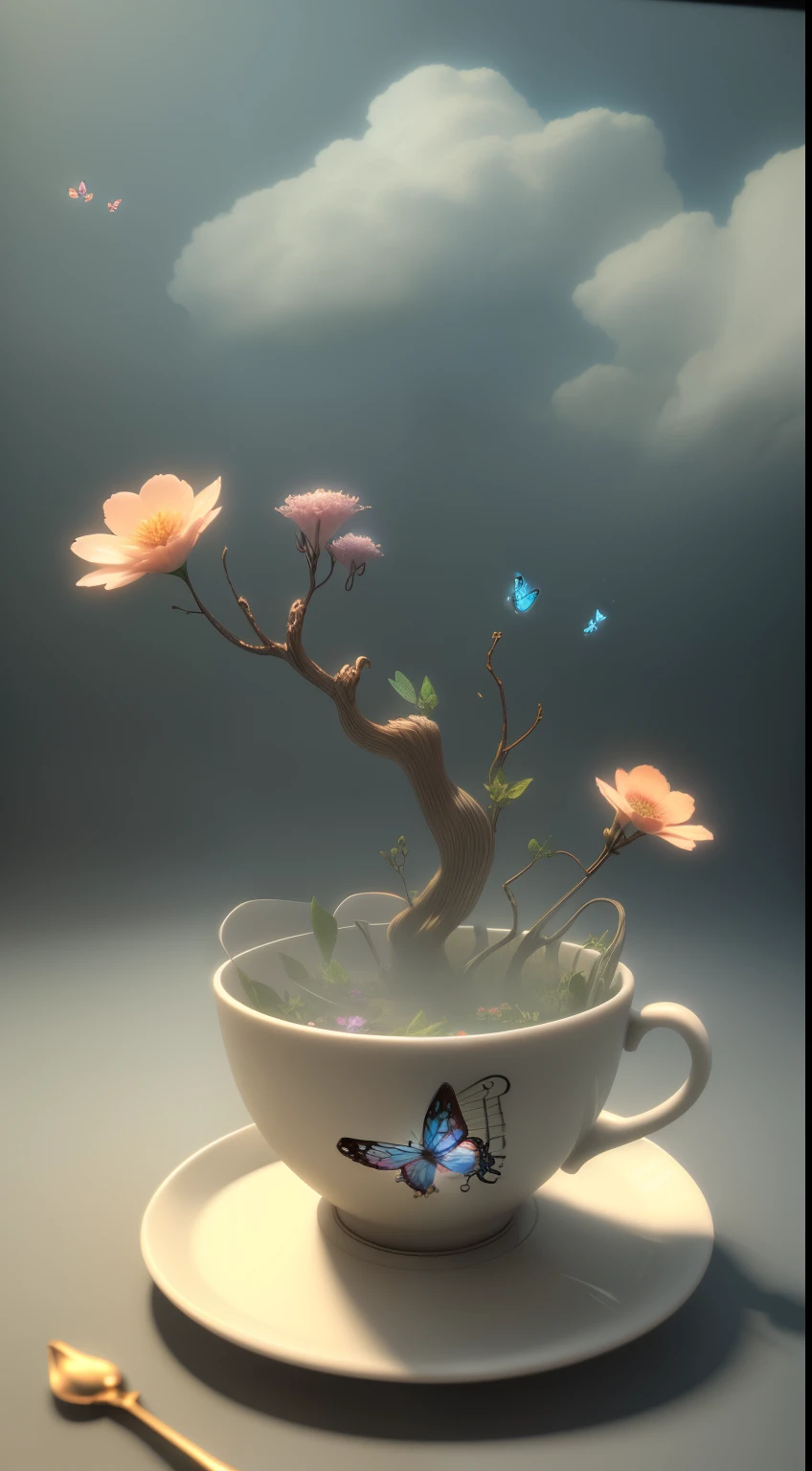 There is a beautiful fictional world in the steam rising from a tea cup，There are clouds, flower branches and butterflies，Beautiful 3D rendering of dreamy scene, Depicted as a 3D rendering, 3D artistic rendering, rendered illustration, gorgeous 3d render, Cute 3d rendering, soft 3d render, render in blender, 3D rendering style, harmony of butterfly, Renders, Render with blender, artistation render, arte renderizada