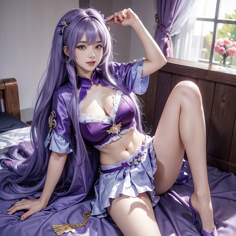 anime girl in purple lingerie laying on a bed with her legs crossed, realistic