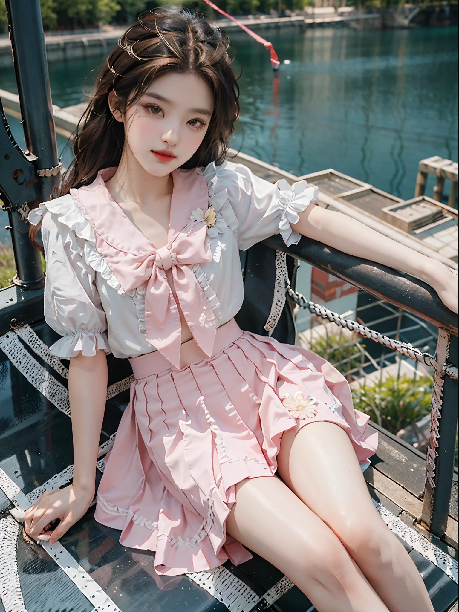 pleated skirt,pink skirt,pink sailor collar, fashi-girl,red lips,mature female,makeup, liuyifei, ((cowboy shot)), (best quality, masterpiece:1.2), ultra-detailed, (realistic:1.37), beautiful, youthful, glamorous model with (detailed eyes, detailed lips, extremely detailed eyes),   in a knee shot, with white and floral colors, showcasing a radiant smile, slender figure, long legs, creating a breathtaking depiction of a girl enjoying the sunshine, On the bow, leaning against the guardrail, looking into the distance