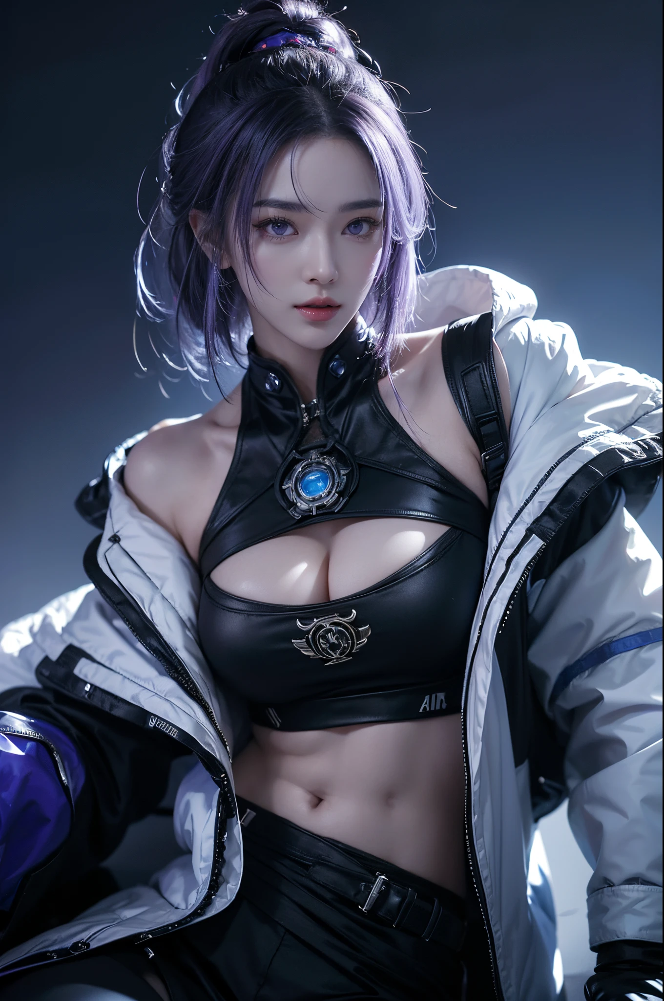 tmasterpiece,Best quality,A high resolution,8K,(Portrait),((Head close-up)),Original photo,digital photography,(Female scientists in sci-fi style),20岁女孩,Random hairstyles,By bangs,(Purple Eyes),(random color hair),A plump chest,cleavage,Elegant and noble,Serious and indifferent,Open black coat,Blue tube top underwear,rich details​,Keep your mouth shut,Intricate ornaments,Cyberpunk futuristic style,(Female scholars),Photo pose,(Rule of thirds),white backgrounid,oc render reflection texture