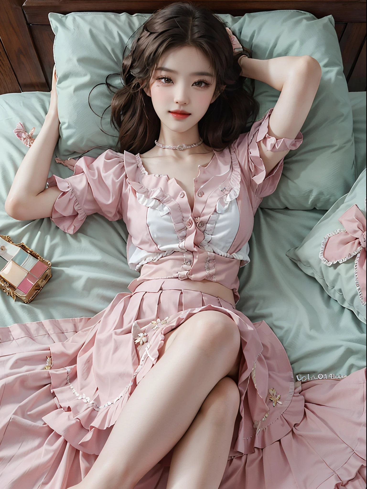 pleated skirt,pink skirt,pink sailor collar, fashi-girl,red lips,mature female,makeup, liuyifei, ((cowboy shot)), (best quality, masterpiece:1.2), ultra-detailed, (realistic:1.37), beautiful, youthful, glamorous model with (detailed eyes, detailed lips, extremely detailed eyes), Lie in bed, in a knee shot, with white and floral colors, showcasing a radiant smile, slender figure, long legs, creating a breathtaking depiction of a girl enjoying the sleep
