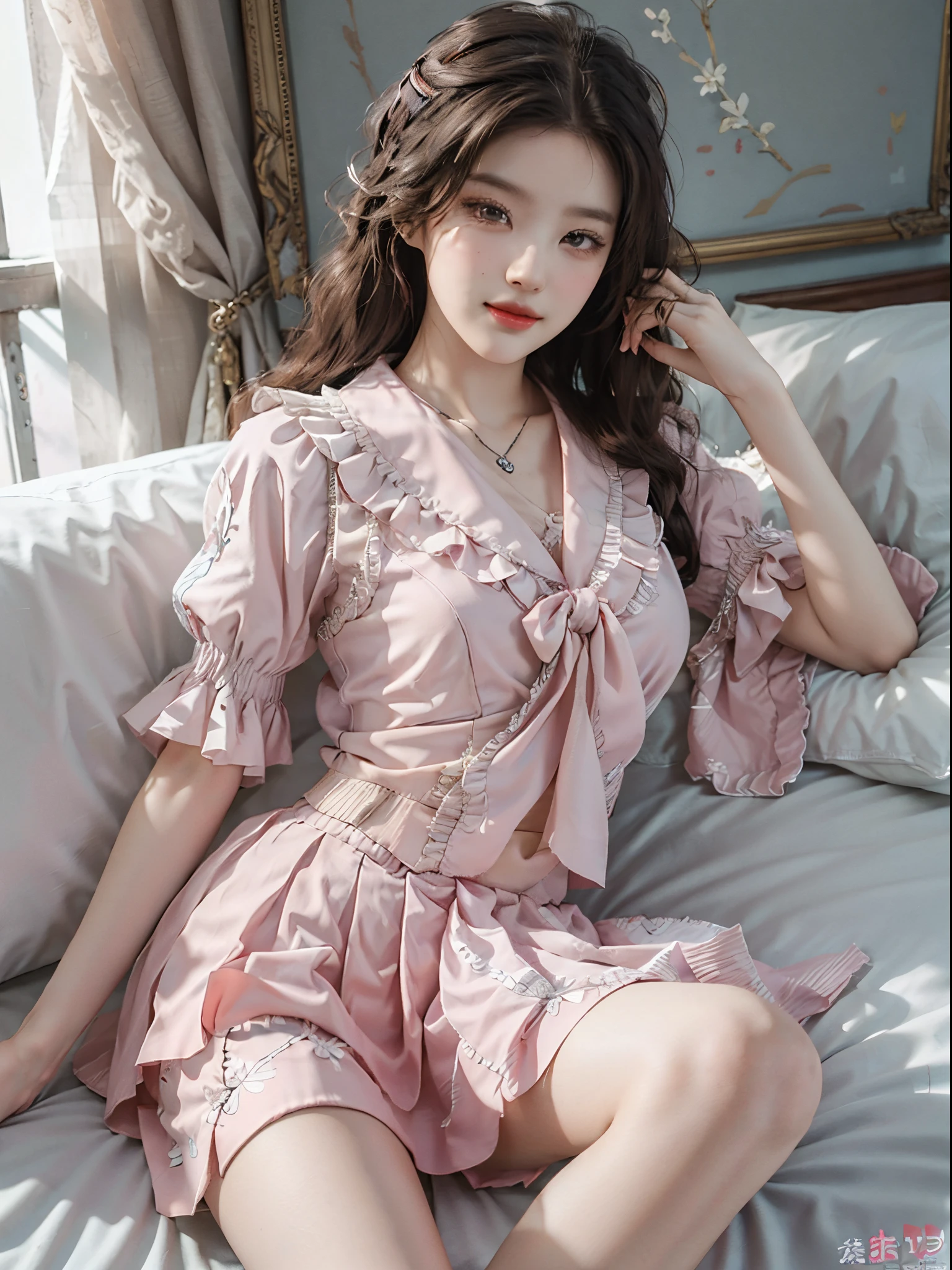 pleated skirt,pink skirt,pink sailor collar, fashi-girl,red lips,mature female,makeup, liuyifei, ((cowboy shot)), (best quality, masterpiece:1.2), ultra-detailed, (realistic:1.37), beautiful, youthful, glamorous model with (detailed eyes, detailed lips, extremely detailed eyes), Lie in bed, in a knee shot, with white and floral colors, showcasing a radiant smile, slender figure, long legs, creating a breathtaking depiction of a girl enjoying the sleep