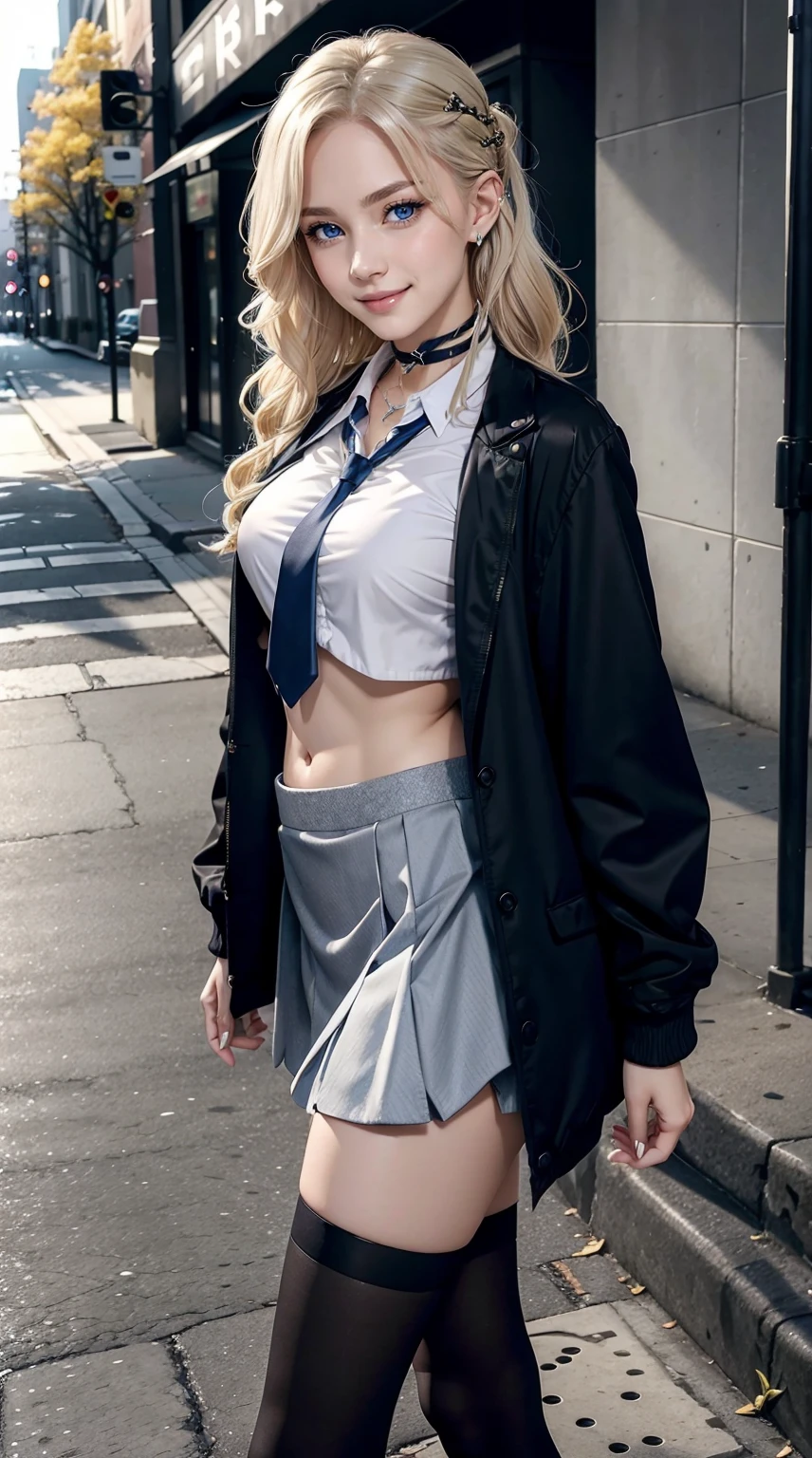 25-year-old Caucasian woman、platinum-blonde、blue eyess、Semi-long、My hair is wavy、accessories on the wrist、wearing a choker、a smile、I can see the belly button、My abs are cracked、a smile、slim muscular body、I don&#39;t want my head to disappear from the screen.、I'm wearing a jacket、wearing a tie-front shirt、She&#39;s wearing a low-rise blooming skirt.、wearing black knee socks、I'm wearing pin heels、looking back on the street sidewalk、a smile