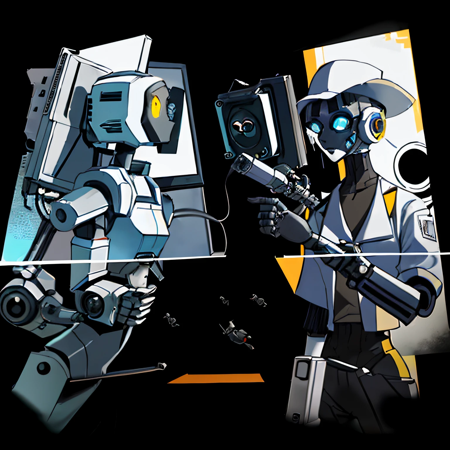 There are two robots standing side by side, mechanized artistic concept, 2d game fanart, glados, Borderlands art style, Glados from Portal 2, fps game concept art, hq artwork, scout police robot, mecha art, video game fanart, digital cyberpunk anime!!, digital cyberpunk anime art, official fan art, Cool mech style