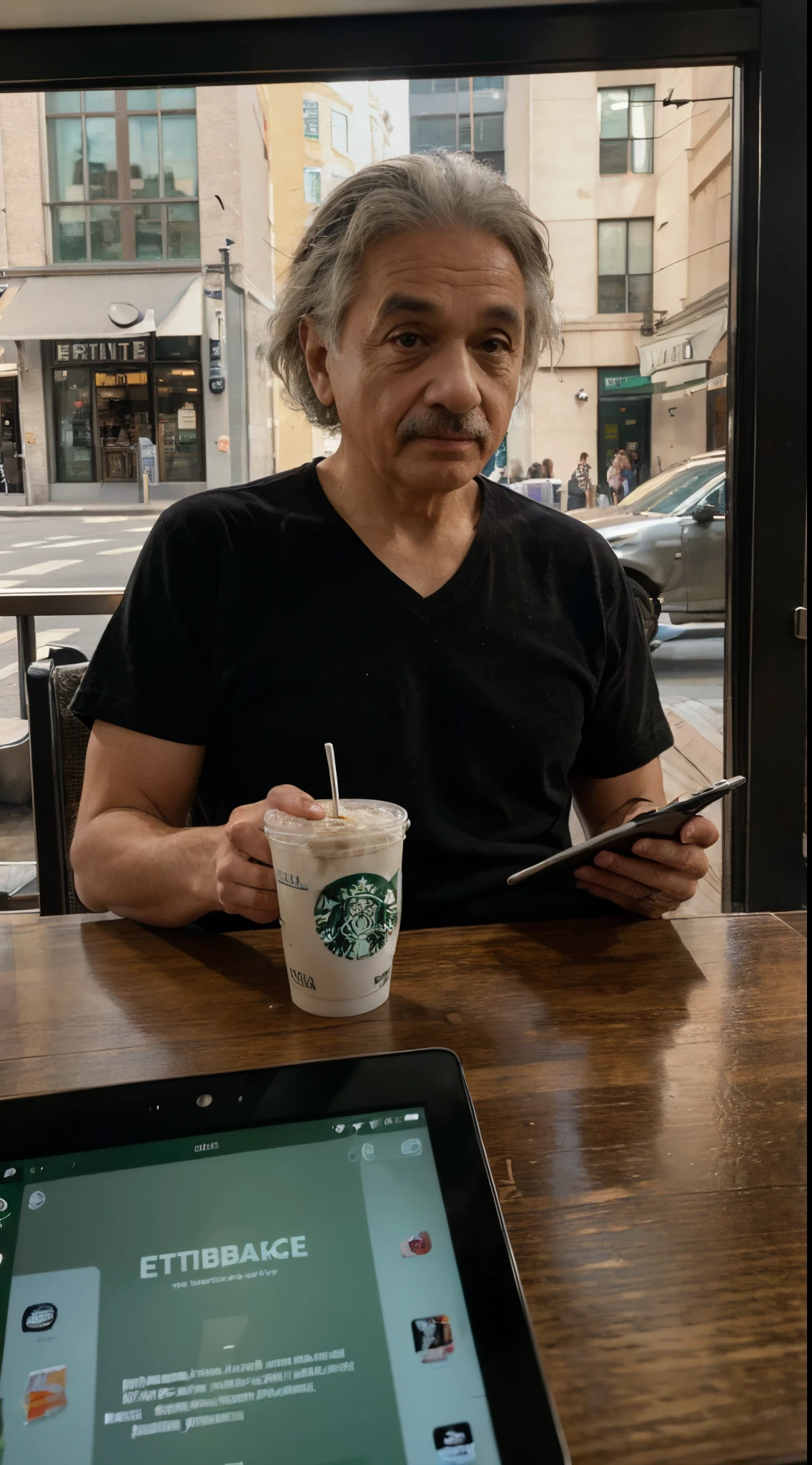 (highres, best quality), ultra-detailed, Albert Einstein, Drinking at Starbucks, (establish shot:1.5), starbucks cafe, playing ipad, New York on Big Window Background,