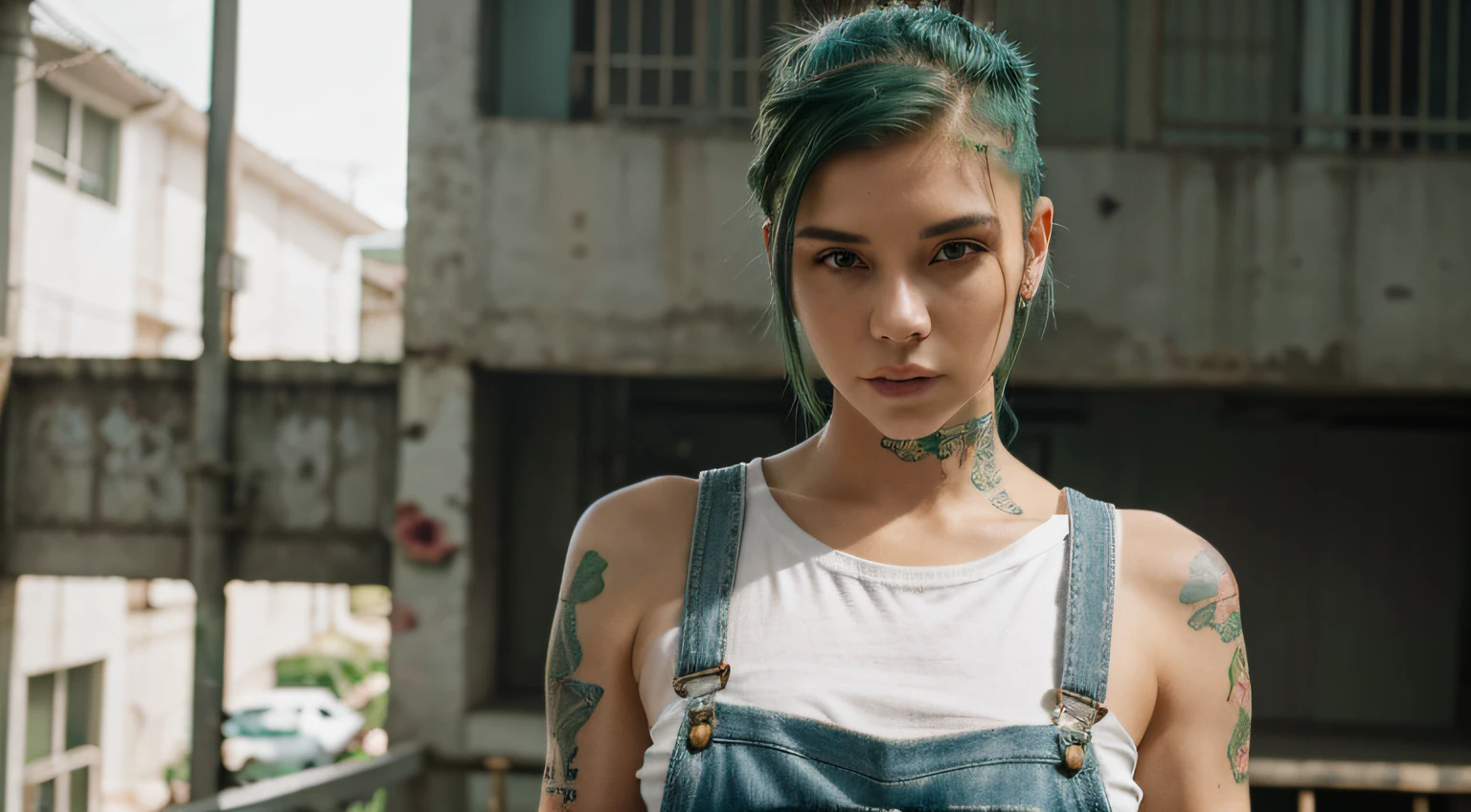 perfect girl looking at camera looking sexy, cabelo com corte undercut verde e detalhes rosa, Cyberpunk, wearing denim overalls and a torn white t-shirt, tattoo with roses and number 13 detailed, noturna