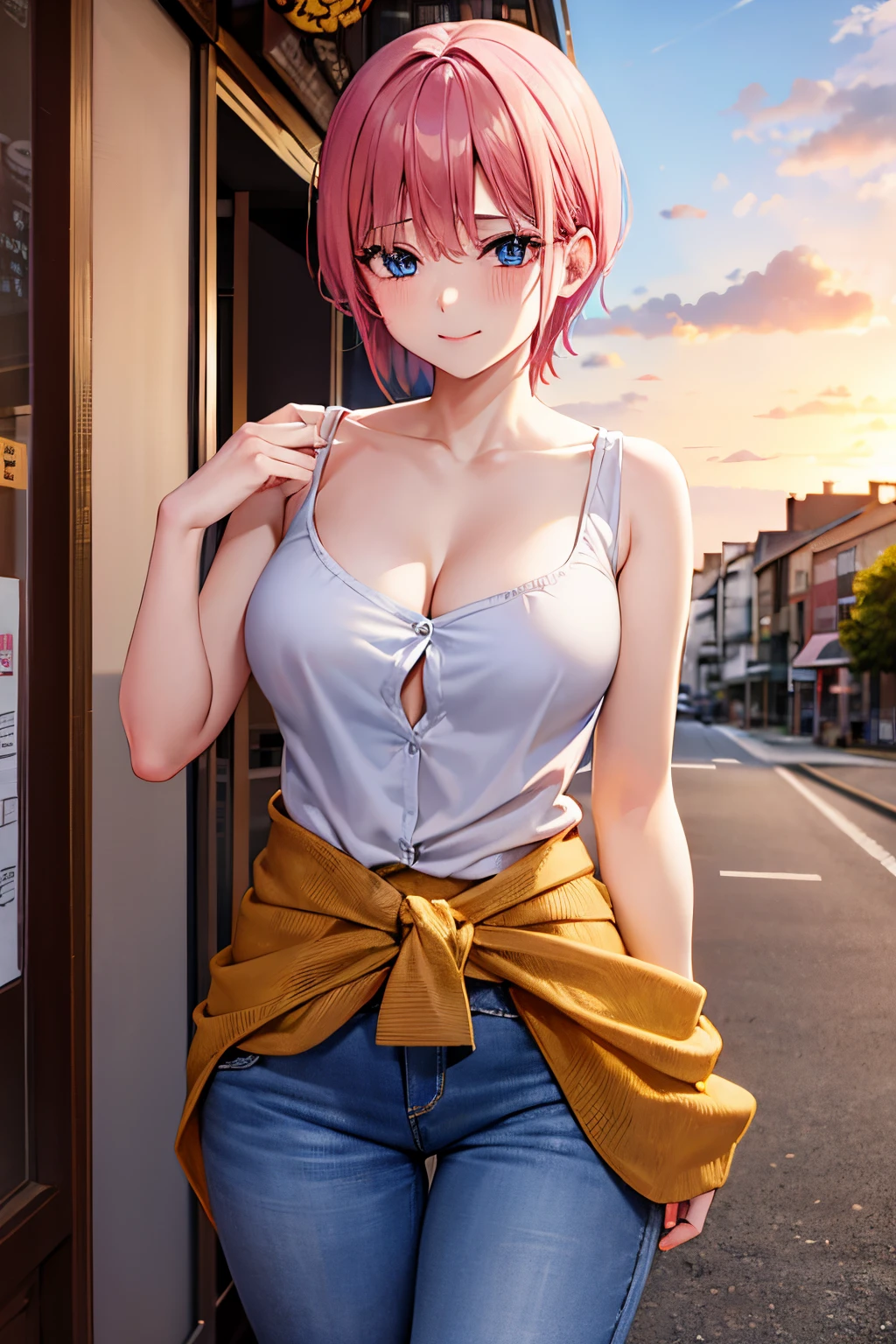 2d, Masterpiece, Best quality, anime, Highly detailed, 1girl, only, Cowboy shot, Nakano Ichika, pink hair, short hair, blue eyes, cardigan around waist, shirt white sleeveless white, cleavage, jean shorts, tight pants, large breasts, medium waist, wide hips, wide thighs, standing, outdoor street, sunset, good lighting, smiling, embarrassed, mouth closed, good hands, good anatomy