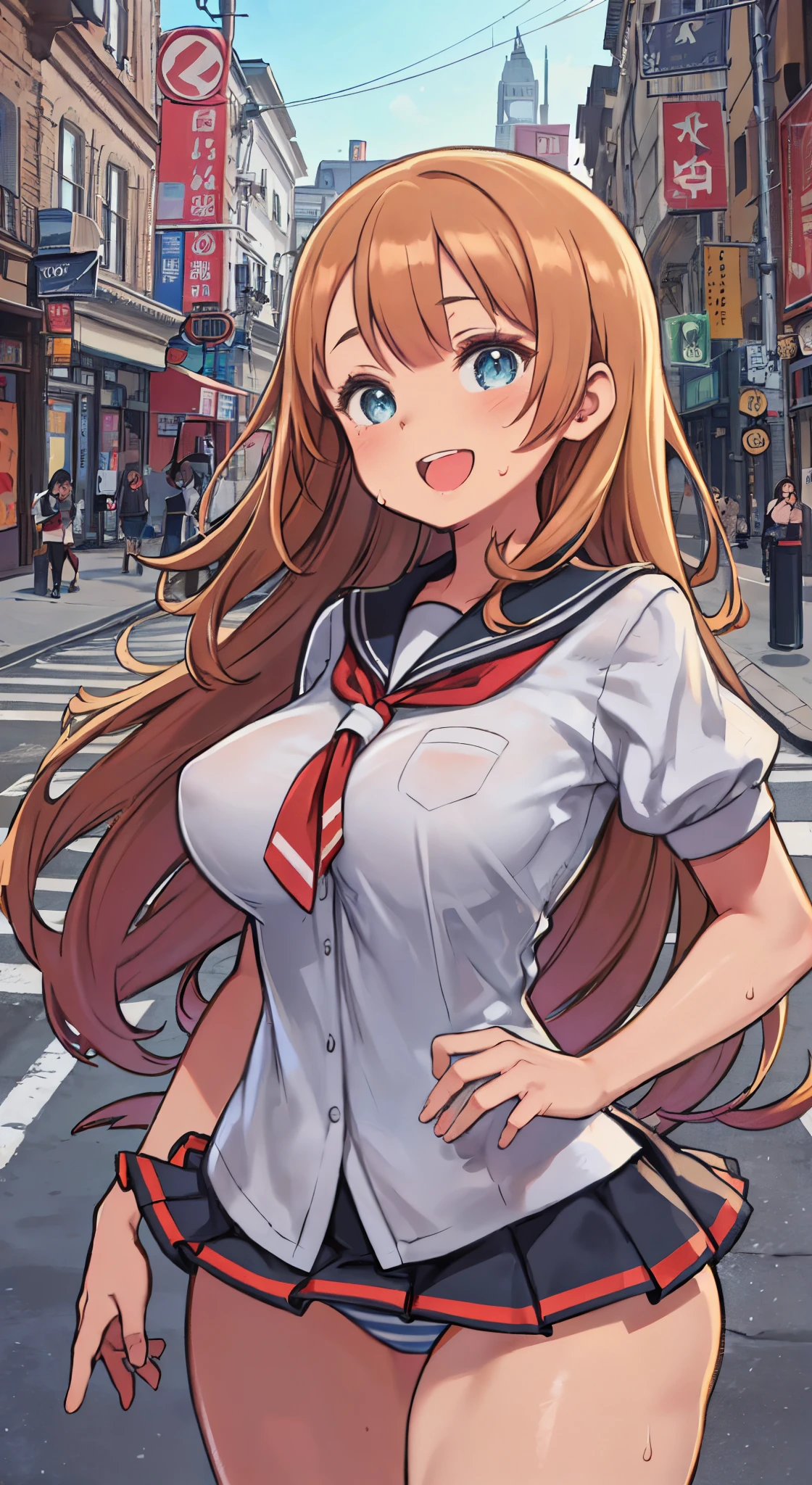 (( 1girl in)), NSFW、blush,(well-muscled)、Brown skin、Golden hair、the eyes are orange、(((large full breasts)))、((big butts))、(((thick thighs)))、Sweat、:D、Long hair、((Unkempt hair))、School uniform、Red mini skirt、Blue skajans、(Light blue striped panties)、In the street、((Panchira))、Running