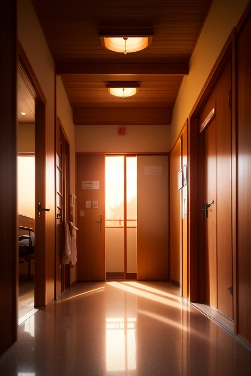 Wabi-sabi style hospital，dvArchModern, 85mm, f1.8, sportrait, photograph realistic, Hyper-realistic, Orante, 超詳細, iintricate, dramatics, Sunset lighting, shadowing, HighDynamicRange