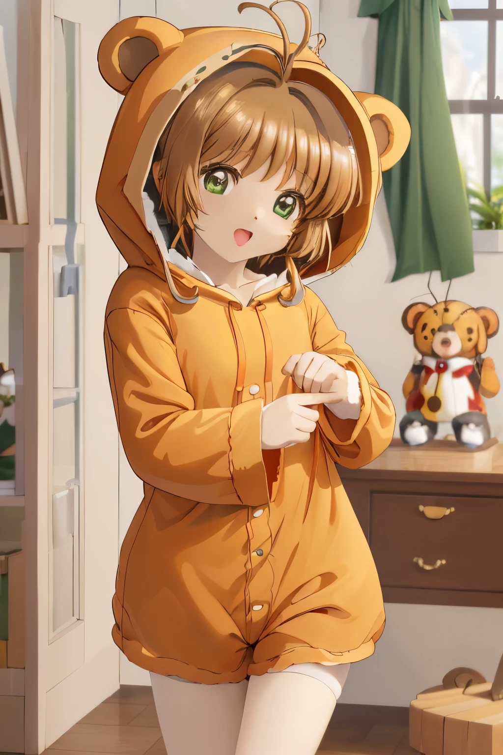 masuter piece, Best Quality, 超A high resolution, top-quality, Anime style, The best lighting, Beautiful face, kinomoto sakura, 1girl in, light brown hair, Short hair, Antenna Hair, Green eyes, frilld, (bear hooded kigurumi pajamas:1.4), Red bow, background at room, Kero-chan,