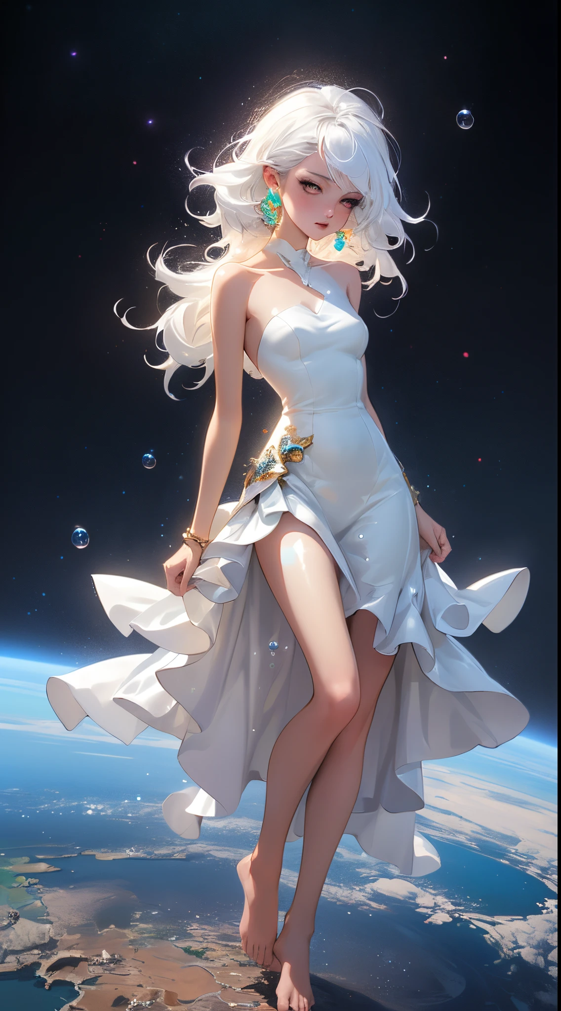 (tmasterpiece, Best quality at best:1.2), (ultra - detailed),(lamplight), Wallpapers, Original,
1 girl, Messy White Hair, thin shoulder strap, White dress, bare-legged, The barefoot, Naked arms, the space, Earth background, Low Earth orbit, 
,(Surrounded by colorful spots and dots),Colorful bubbles,(Shiny)