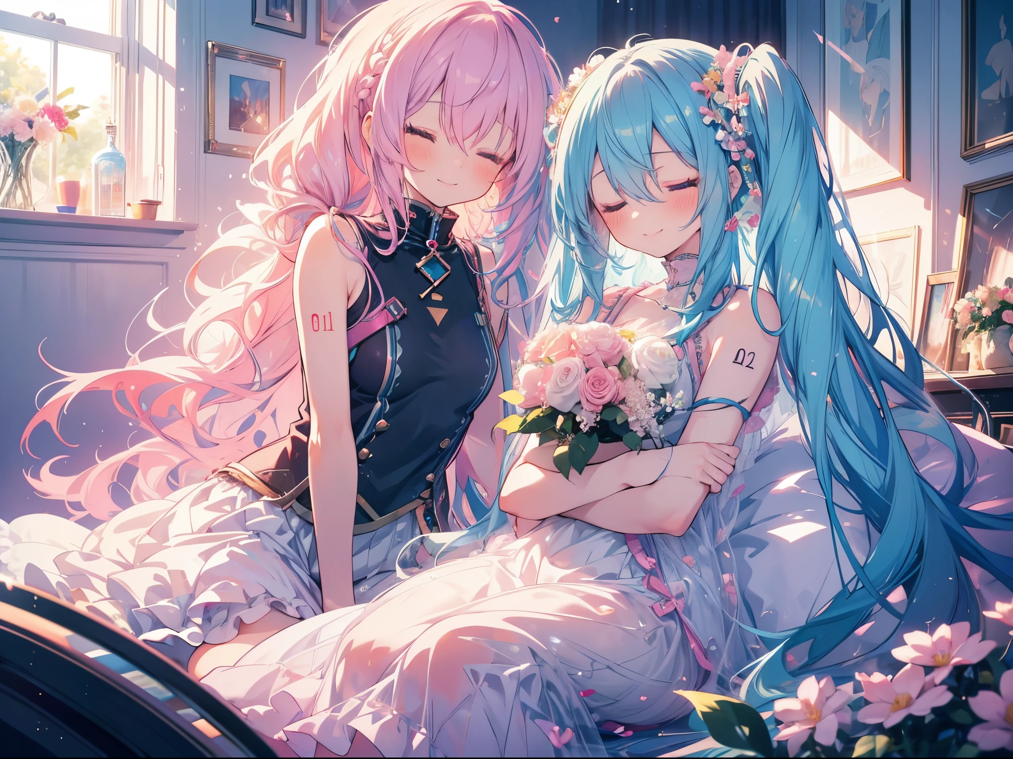 a couple sitting on a bed in front of a window with blue hair, multiple girls, long hair, 2girls, dress, megurine luka, pink hair, hatsune miku, smile, very long hair, white dress, closed eyes, blush, sitting, hug, bangs, flower, hair between eyes