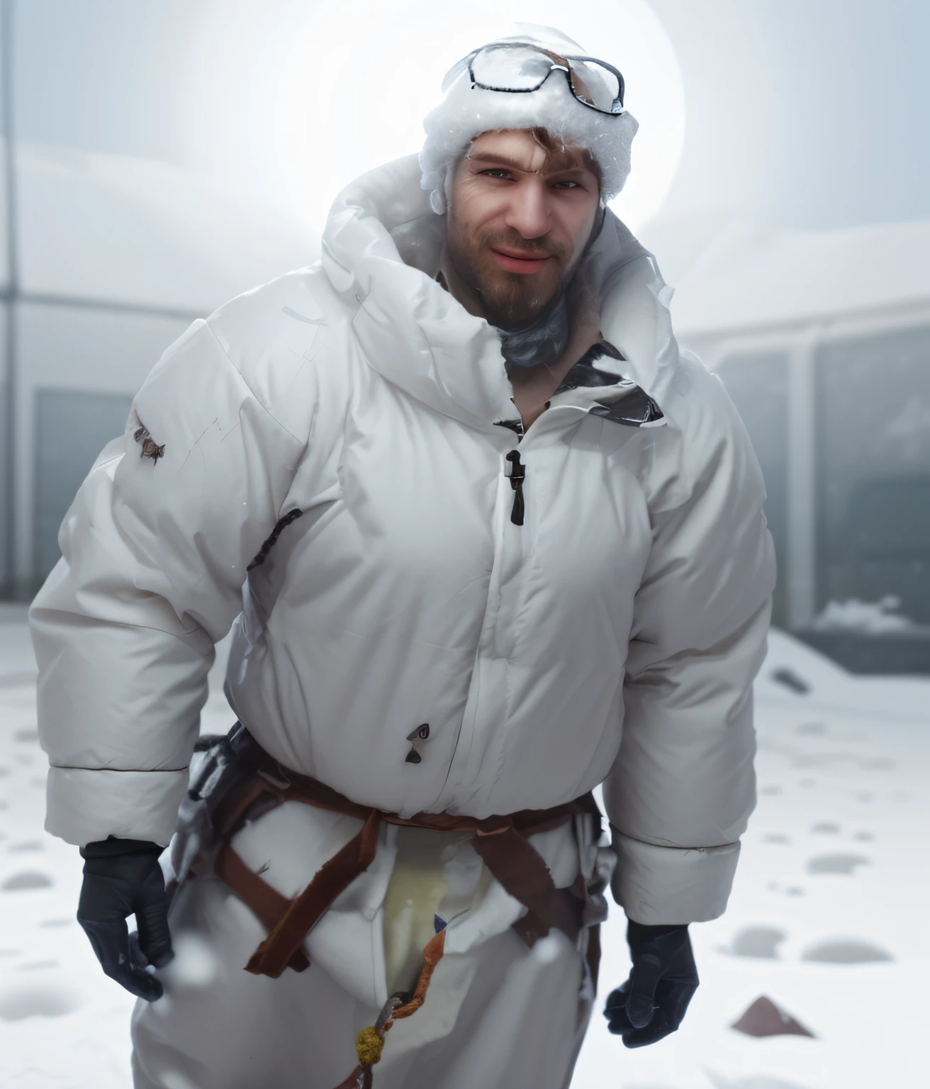 1 stocky shirtless Russian gay is standing with his legs and thighs opened and spread in the snow with wide landscape of snowfield , 1 man only, no other people, iceblocks and icelake and snow scene, he is wearing white fur gloves, fur woolen hat to cover snow , moustache, facial hair, white transparent thong bikini highlighting big bulge and big butts, Wear knee-length fur shoes.,masculine and stocky, shirtless, handsome face with detailed facial features, shirtless and wearing nothing, correct accurate male anatomy,skinny boy body, muscle body,sport body, big muscle, Handsome face, wet oiled waxy shiny greasy muscles and skin, flawless white skin, masterpiece, professional DSLR shoot and retouching, illustration art, shadow, highlight, sharpness, depth of field, dessert and Russian snow field environment, sexy, hot gay erotic illustration art, sexy and hot