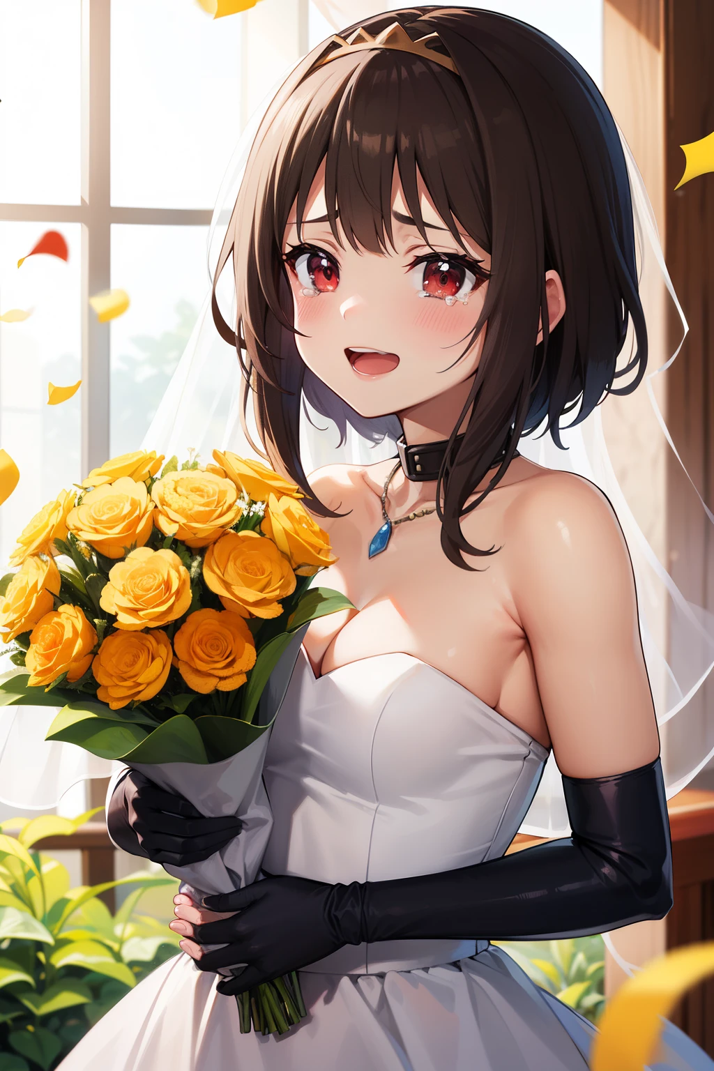 masterpiece, best quality, highres, aaichika, tiara, bridal veil, necklace, cleavage, wedding dress, strapless dress, white dress, white gloves, elbow gloves, garden on background, smile, open mouth, tears, upper body, confetti, holding bouquet, bouquet, braid, gloves, {megumin_konosuba:1}, short_hair, brown_hair, red_eyes, black_hair,