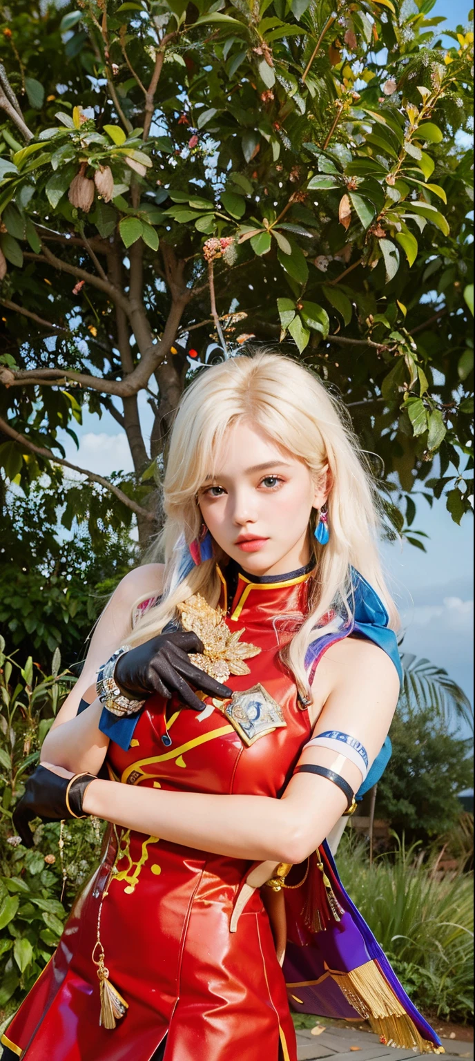 (8k, RAW Photography, top-quality, masterpiece:1.2), 1girl, 3d, voluptuous body, beautiful face, photogenic , 3D, Blazer uniform, long blonde hair in curls, hands raised, school ground, s lips, High school student, schoolyard, school uniform, real, shinny skin、Beautiful delicate face、Beautiful delicate eyes、a miniskirt 、Multiple people