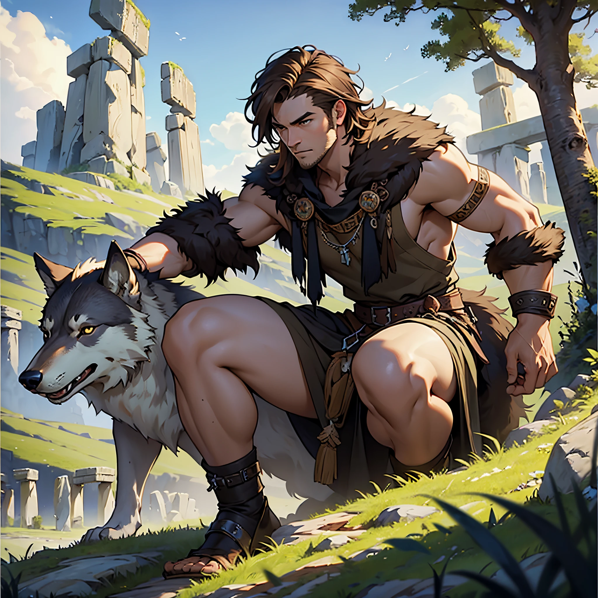 masterpiece, Best Quality, detailed, Cinematics, 4k, Background with: In front of Highland Stonehenge, druid wearing bearskin(short brown hair), mild, with the wolf