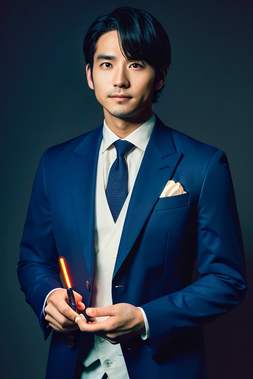 Japanese man in his 30s holding a luminous penlight,Upper body portrait,suits