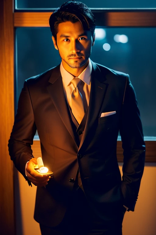 Japanese man in his 30s holding a luminous penlight,Upper body portrait,suits
