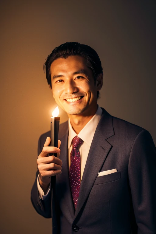 A smiling Japanese man in his 40s holding a luminous penlight,Upper body portrait,suits