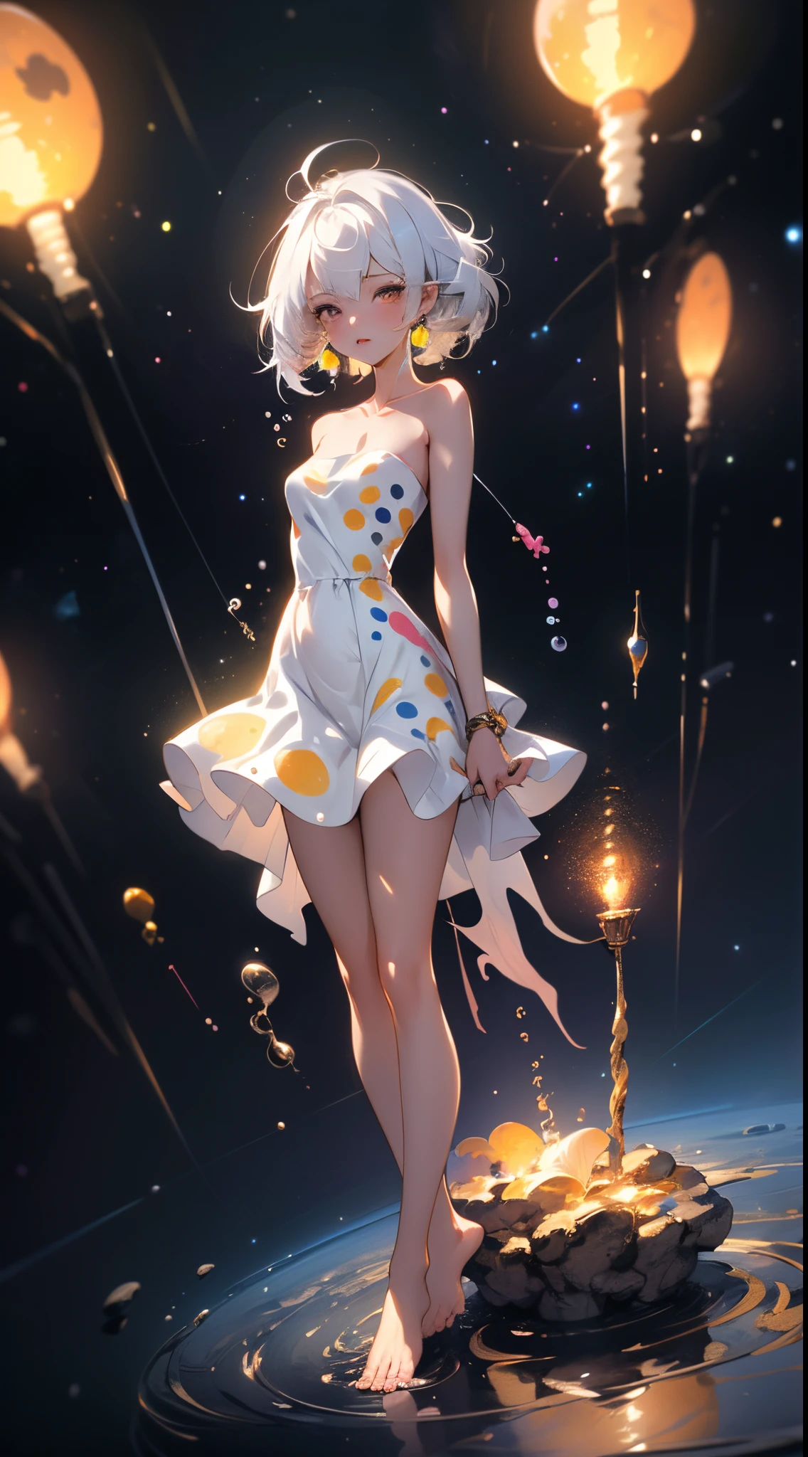 (tmasterpiece, Best quality at best:1.2), (ultra - detailed),(lamplight), Wallpapers, Original,
1 girl, Messy White Hair, thin shoulder strap, White dress, bare-legged, The barefoot, Naked arms, the space, Earth background, Low Earth orbit, 
,(Surrounded by colorful spots and dots),Colorful bubbles,(Shiny)