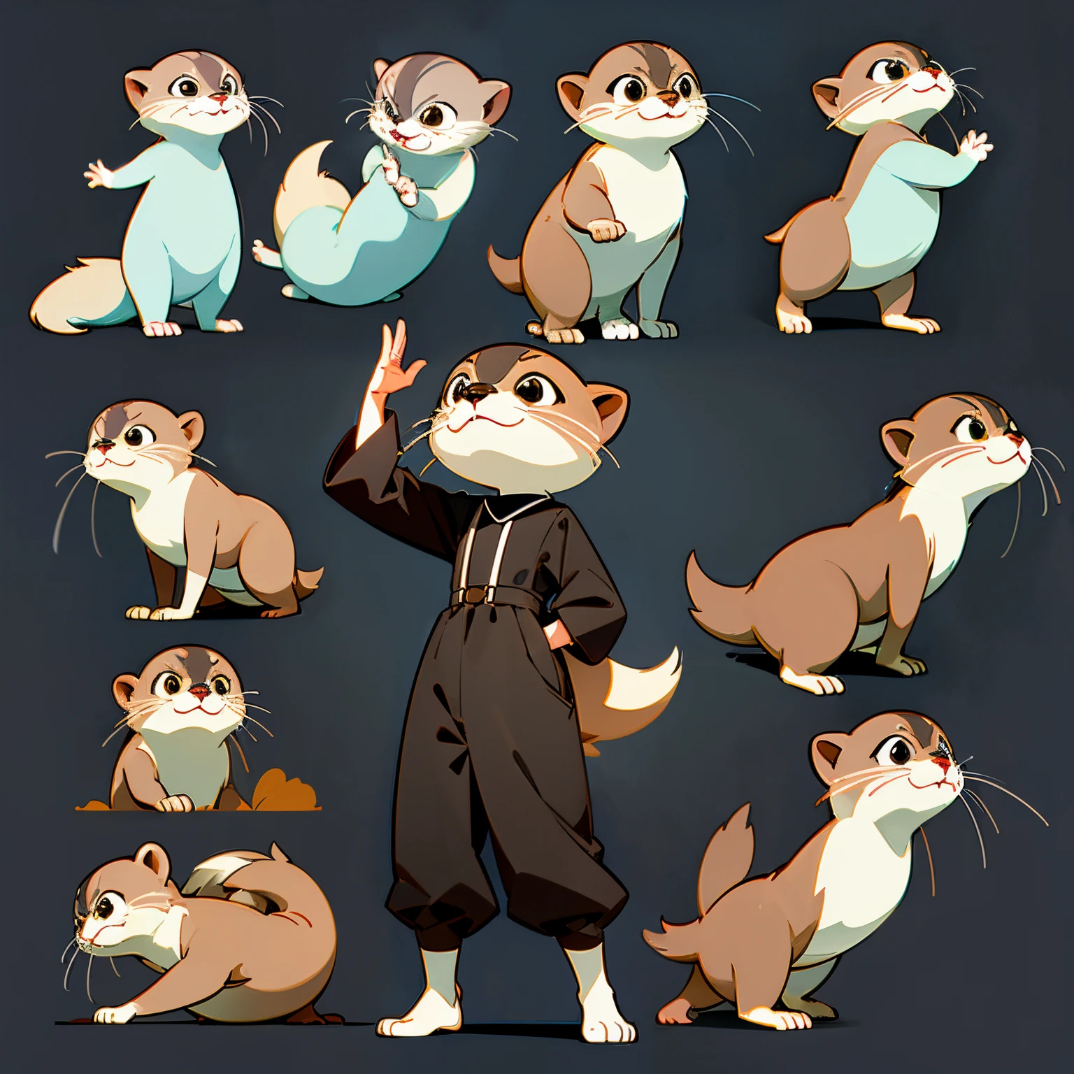 An otter,Dispose,anthropomorphic styles,Disney style,Black strokes,differentemotions,Multiple poses and expressions.8k --ar 3:4 -- Cute style