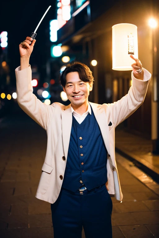 A Japanese man in his 40s dancing with a smile holding a luminous penlight,Upper body portrait,suits
