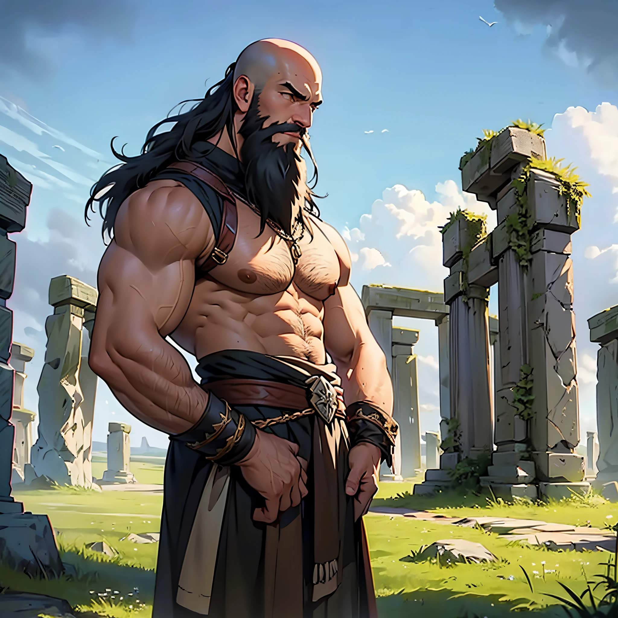 ​masterpiece, Best Quality, detailed, Cinematics, 4k, Background with: In front of Highland Stonehenge, druid wearing bearskin(bald head with long beard)