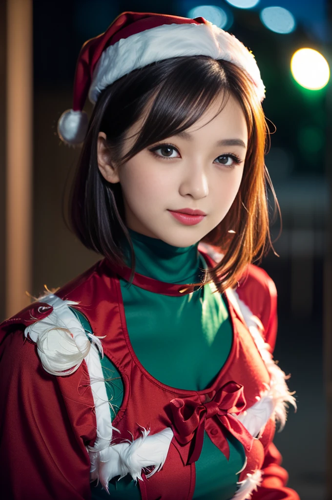 Heart shaped pupils, Cute eyes,(Dark light),(Night),((blue lights)),26 years old, japanaese girl, (Black hair), Wavy Hair, Short hair, ((eyes visible through hair)), (Small breasts), ((Plump full lip)), Cute Girl, Smile, ((Mature girl in Santa Claus costume:1.3, Green and red dress, Hold the present box in both hands and hand it to the viewer..:1.2, close to viewer:1.2, sexual harassment:1.25)),(thin and bright pupils:1.2, Delicate and beautiful eyes with highlights:1.3, ultradetailed eyes, high detailed face), ((Red coat)), (Ultra High Resolution, 8k RAW photo, photographrealistic, thin outline:1.3, sharp focus quality, Cinematic lighting, textile shading, blurry backround, field of depth, Bokeh, (thin and bright pupils:1.2, Delicate and beautiful eyes with highlights:1.3, ultradetailed eyes, high detailed face),