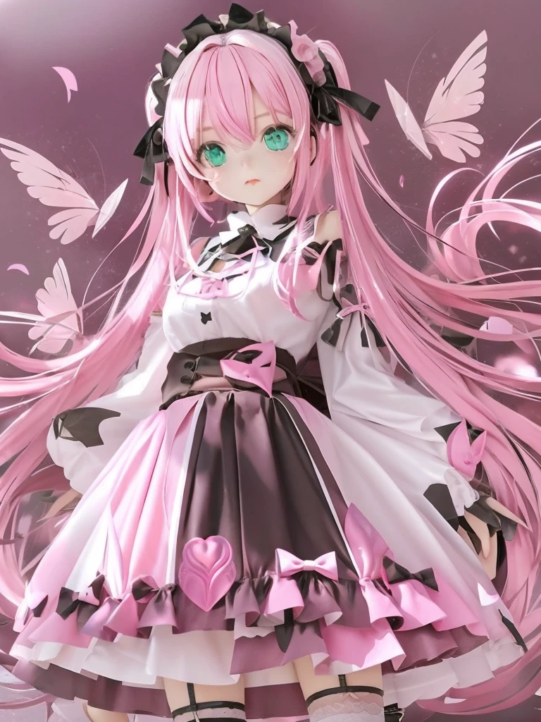 Cat Ears Girl, Gothic lolita, Loose color, skirt by the,japanaese girl, 校服, Loose color, skirt by the,,, hair between eye, Girl with pink hair,Seriously,both hands below the waist、Eye color is pink、