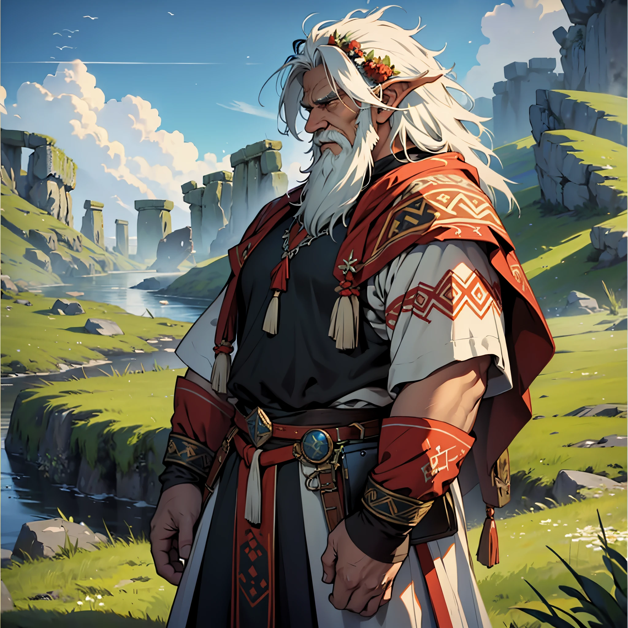 masterpiece, Best Quality, detailed, Cinematics, 4k, Background with: In front of Highland Stonehenge, Druid old man wearing bearskin, mild