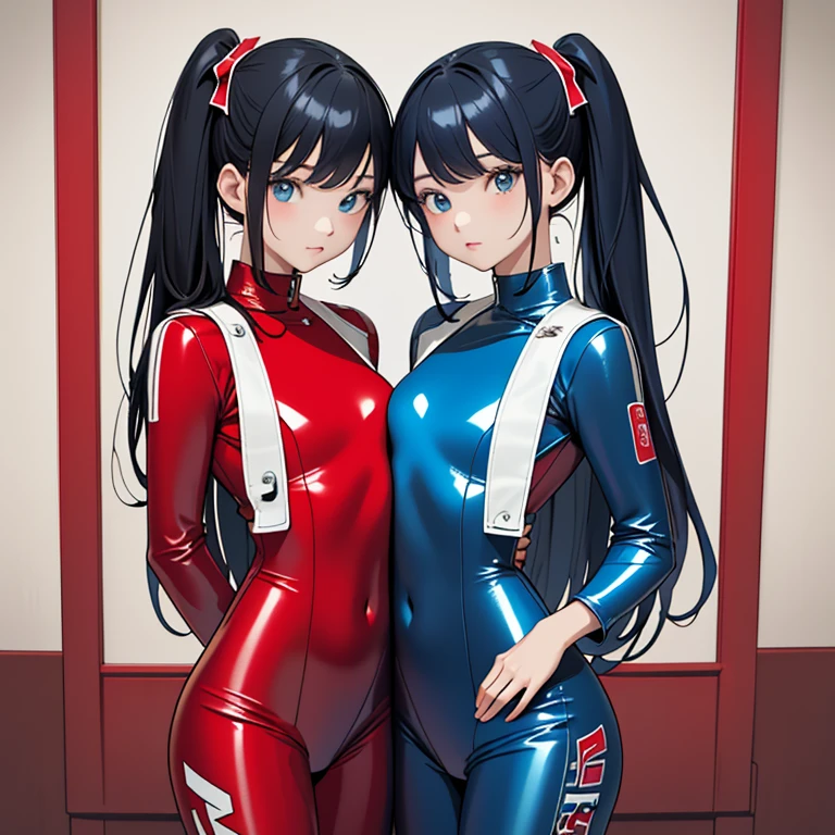 ((​masterpiece、top-quality:1.5、a high chroma:1.5、ultra-detailliert、high-resolution illustrations:1.5、Ultra-high-definition CG、8k size wallpaper、offcial art))、(2girls,twin sisters),(cute face:1.5)、(clear face:1.3),
 ((Blue-only color scheme:1.5)), ((red-only color scheme:1.5)),(sexy body),(One only wears red, one only wears blue.),(Enamel catsuit),(), ((medium breasts))、
,(),()、(cowboy shot)、