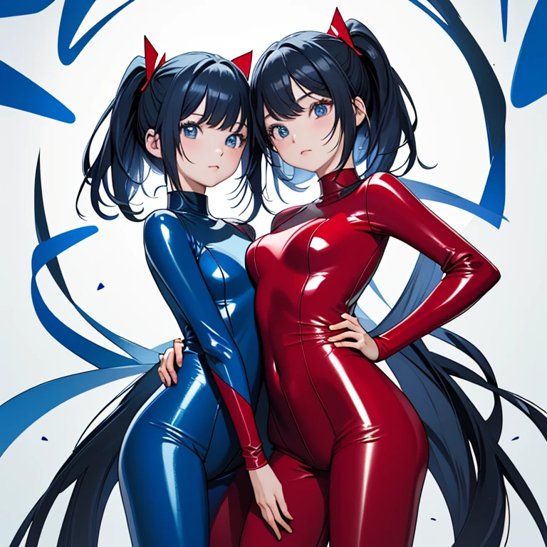 ((masterpiece、top-quality:1.5、a high chroma:1.5、ultra-detailliert、high-resolution illustrations:1.5、Ultra-high-definition CG、8k size wallpaper、offcial art))、(2girls,twin sisters),(cute face:1.5)、(clear face:1.3),
((Blue-only color scheme:1.5)), ((red-only color scheme:1.5)),(sexy body),(One only wears red, one only wears blue.),(Enamel catsuit、front zipper),(multicolored hair), ((medium breasts))、
,(),()、(cowboy shot)、