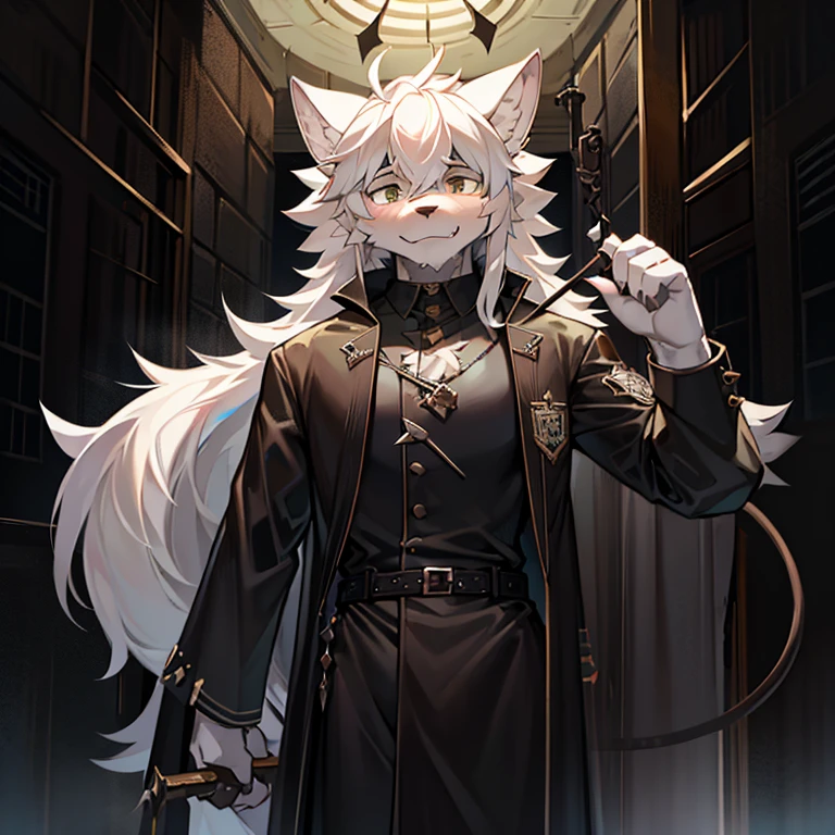 uncle,Wolf ears,shaggy,Off-white hair,Director of Prison Detention Center,Holding the whip of thorns,Transparent coat