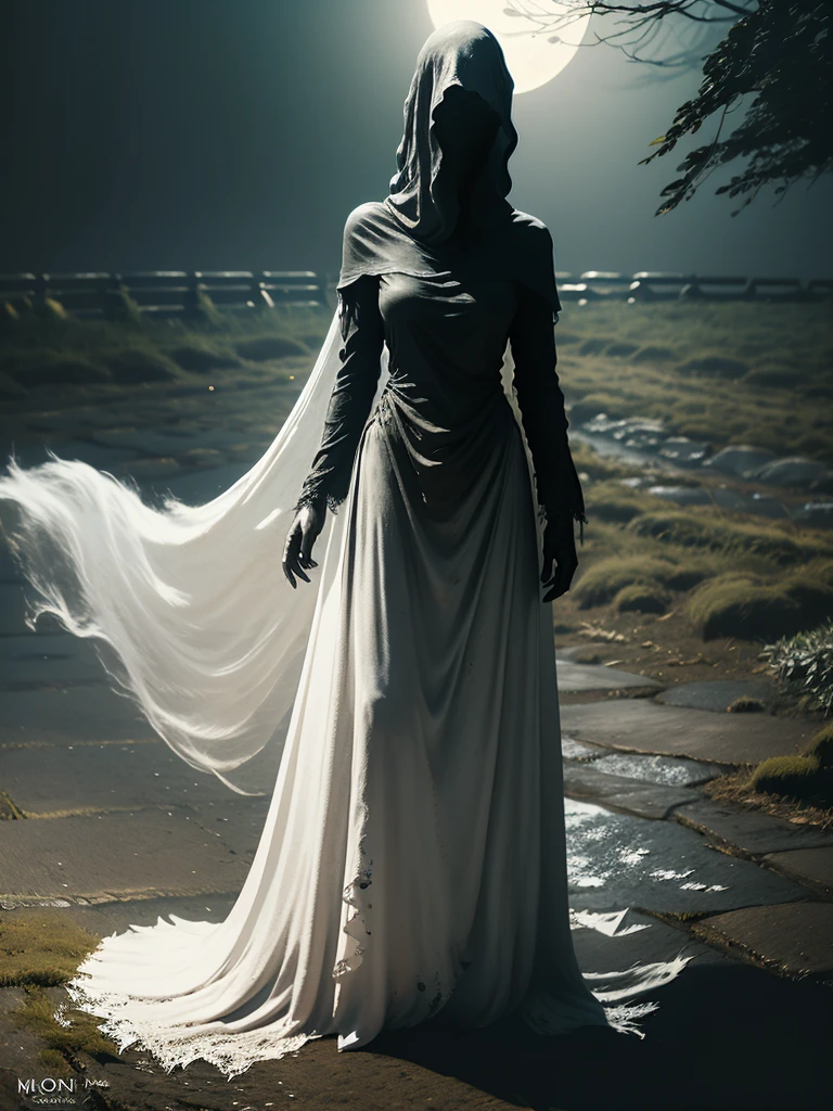 Young woman, solo, full body,  hyperrealism, t-shirt and jeans, (night), trending on artstation, moonlit, flowering field, hands on hips, (ghostlystyle, ghostly mist), horror, tattered ghostly clothes, ghostdarksouls, wraith