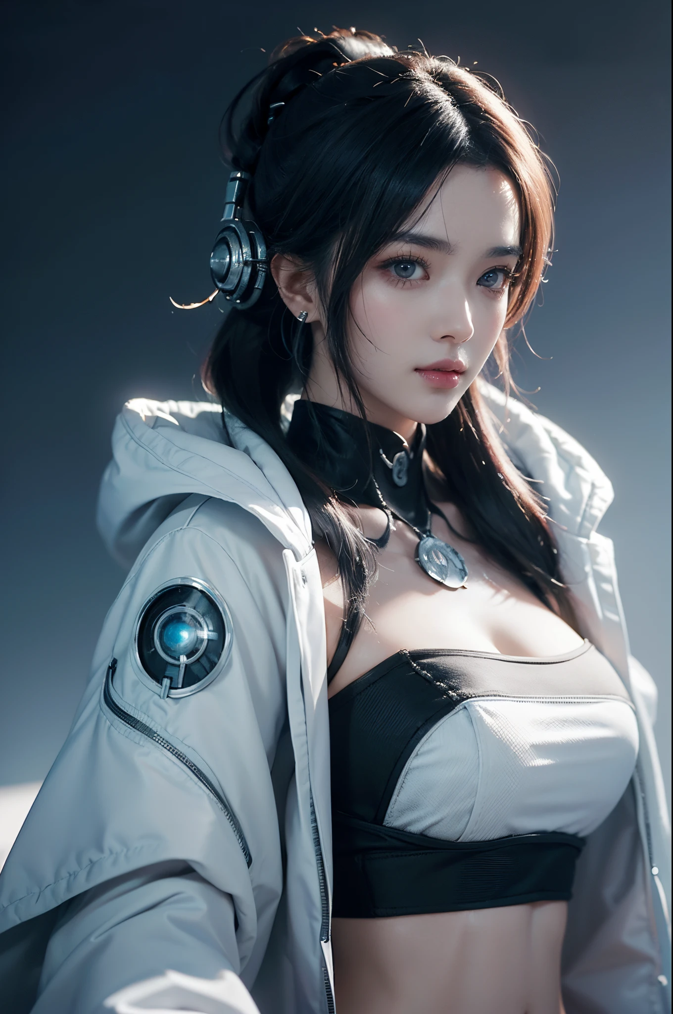 tmasterpiece,Best quality,A high resolution,8K,(Portrait),((Head close-up)),real photograph,digital photography,(Female scientists in sci-fi style),20岁女孩,Random hairstyles,By bangs,(Random Color Eyes),(Random-colored hair),A plump chest,cleavage,Elegant and noble,Serious and indifferent,Open white coat,Black tube top bra,rich details​,Keep your mouth shut,exposing your navel,Intricate ornaments,Cyberpunk futuristic style,(Female scholars),Photo pose,white backgrounid,oc render reflection texture