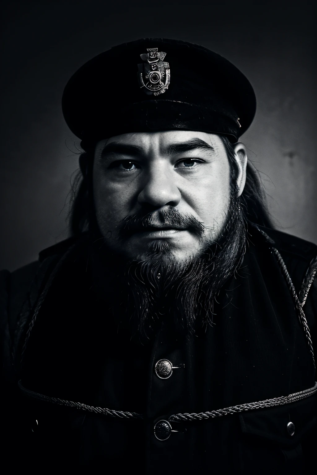 ww1, grainy_photo, monochrome, photo, dwarf, dwarven_navy_officer, formal_attire, portrait