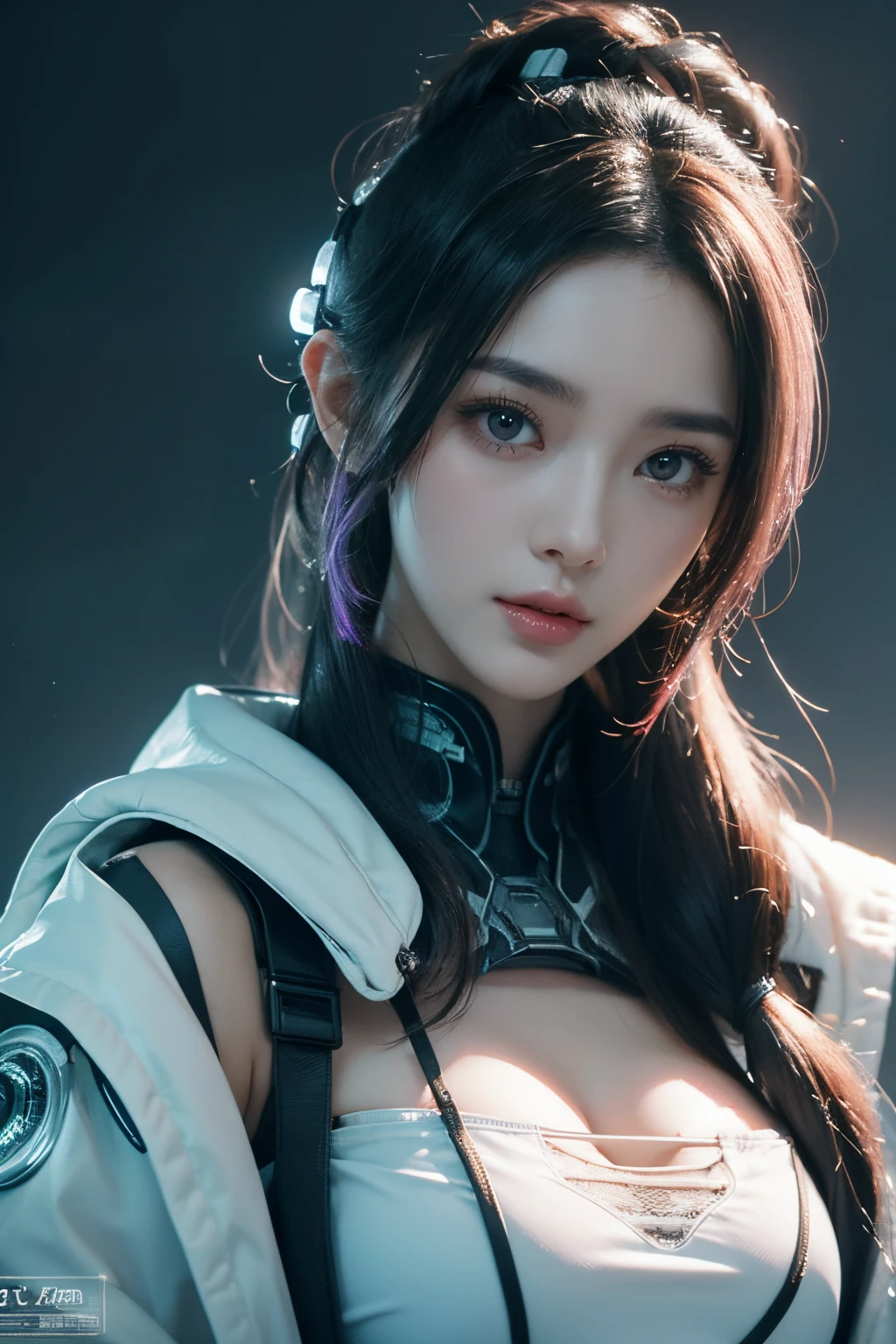 tmasterpiece,Best quality,A high resolution,8K,(Portrait),((Head close-up)),real photograph,digital photography,(Female scientists in sci-fi style),20岁女孩,Random hairstyles,By bangs,(Random Color Eyes),(Random-colored hair),A plump chest,cleavage,Elegant and noble,Serious and indifferent,Open white coat,Black tube top bra,rich details,Keep your mouth shut,Intricate ornaments,Cyberpunk futuristic style,(Female scholars),white backgrounid,oc render reflection texture