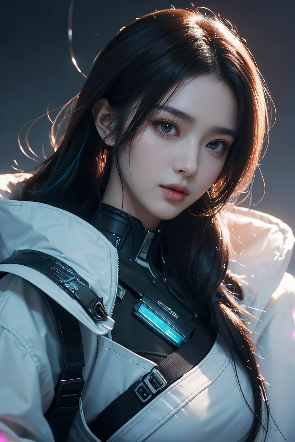 tmasterpiece,Best quality,A high resolution,8K,(Portrait),((Head close-up)),real photograph,digital photography,(Female scientists in sci-fi style),20岁女孩,Random hairstyles,By bangs,(Random Color Eyes),(Random-colored hair),A plump chest,cleavage,Elegant and noble,Serious and indifferent,Open white coat,Black tube top bra,rich details,Keep your mouth shut,Intricate ornaments,Cyberpunk futuristic style,(Female scholars),white backgrounid,oc render reflection texture