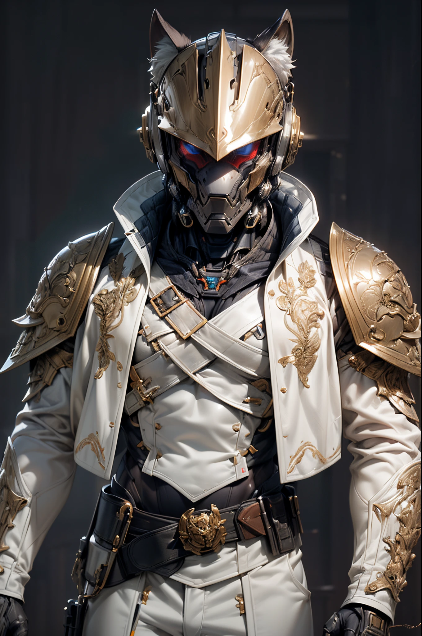 (((An epic and visually stunning digital anime masterpiece featuring a sylphlike masculine ((male:1.5)) decorated military wolf soldier clad in a sleek yet tactical armored yet decorated leather military trench coat:1.2))), (((flat masculine male chest:1.5, mechanical mecha wolf knight head with a narrow visor:1.5))), (((the character is adorned in a (scifi tactical armored open front trench coat with a built in exoskeleton, hood pulled up) (over a form fitted armor plated yet super sleek and revealing under suit with waist cut outs), the armor plating on the upper arms and shoulders beautifully engraved))):1.4. The image showcases the intricacies of the character’s armor and clothing:1.5, ((capturing their flamboyant essence and heavy mecha aesthetic:1.2)). The character also possesses an androgynous charm, (((with slim yet heavily muscled physique:1.2, sylphlike with a sleek waist, toned yet beautifully sleek cybernetic arms:1.3, mechanical arms and legs:1.3, mecha muscles:1.3))), looking at viewer, (((brass metal armor and brown leather, dieselpunk:1.3)))