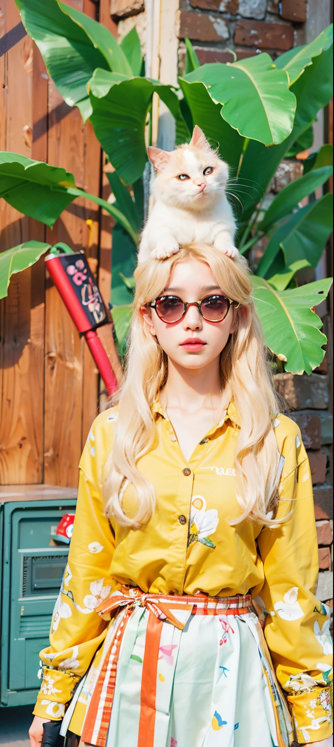 (8k, RAW Photography, top-quality, masterpiece:1.2), 1girl, 3d, voluptuous body, beautiful face, photogenic , 3D, Blazer uniform, long blonde hair in curls, hands raised, school ground, s lips, High school student, schoolyard, school uniform, real, shinny skin、Beautiful delicate face、Beautiful delicate eyes、a miniskirt 、Multiple people,A White Cat On Her Head