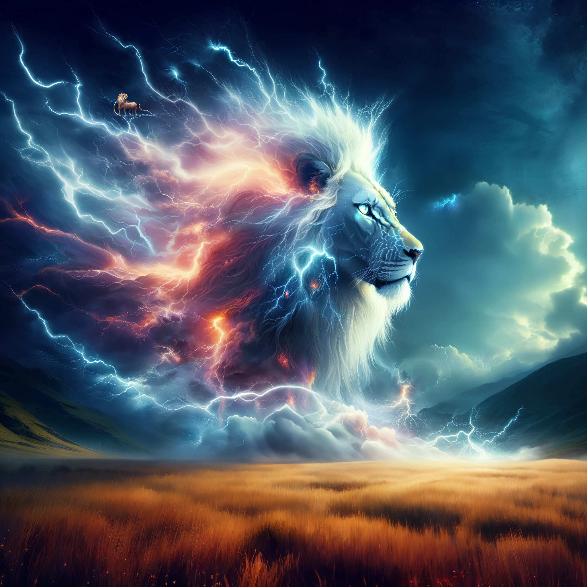 a lion with a lightning mane in a field of grass, fire lion, beautiful digital artwork, epic fantasy digital art, fantasy digital art, cinematic lightning and colors, amazing wallpaper, fractal thunder dan mumford, best on adobe stock, lightning fantasy magic, amazingly epic visuals, fantasy art behance, 4k highly detailed digital art, amazing lightning art