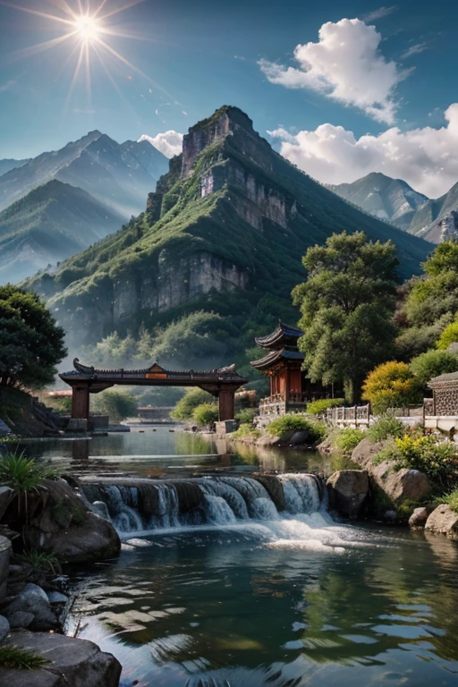 Ancient Chinese scenery, mountain, Mother Water, auspicious clouds, sunlight, master-piece, super detail, Epic composition, ultra hd, High Quality, Very detailed, official art, Unified 8k Wallpaper, super detail, 32k - in 6
