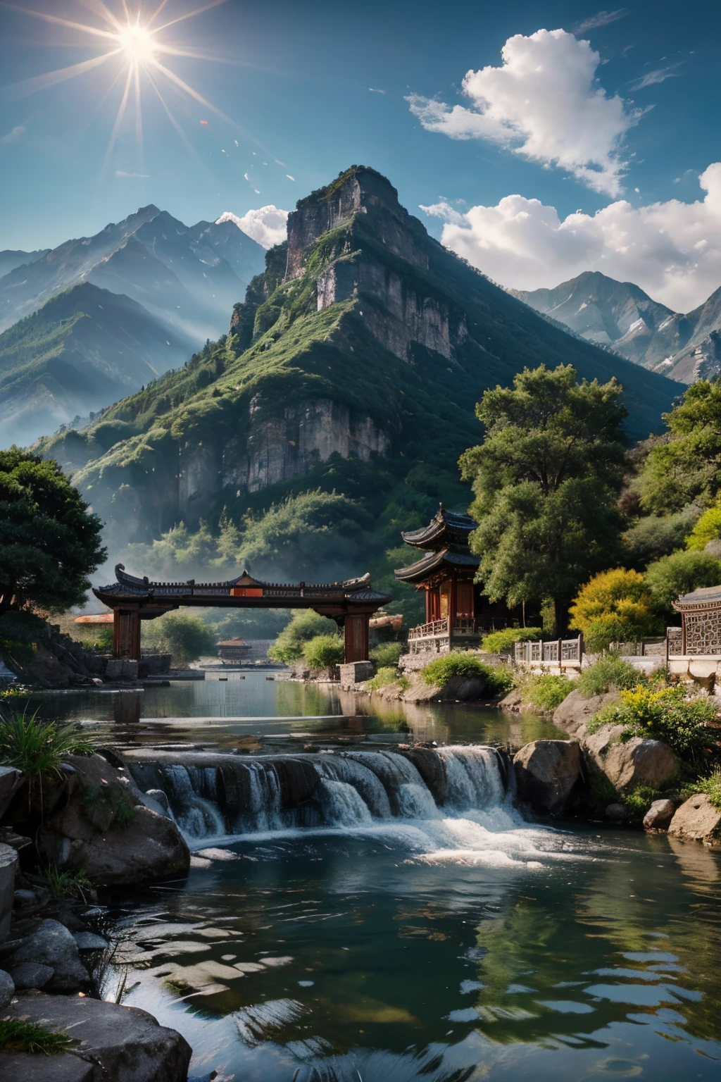Ancient Chinese scenery, mountain, Mother Water, auspicious clouds, sunlight, master-piece, super detail, Epic composition, ultra hd, High Quality, Very detailed, official art, Unified 8k Wallpaper, super detail, 32k - in 6