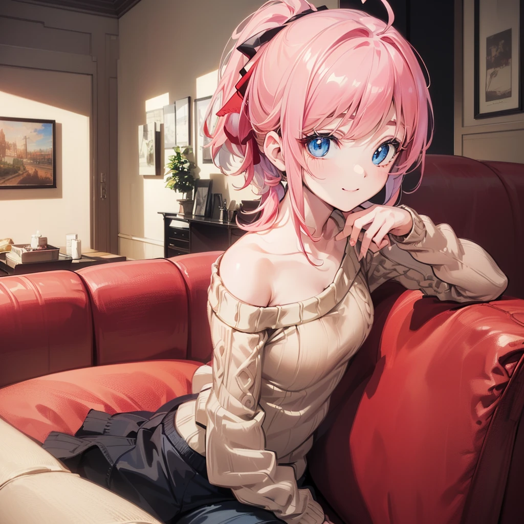 ((Ultra-detailed)), (top-quality),((masterpiece)), ((Super exciting)), ((8K)), ((1080p)), ((extremely clear)), ((Very sophisticated)), ((Anime Graphics)) ((Anime quality)), ((Anime Illustration)), ((Bright background)), ((Rembrandt lighting)), ((Glowing skin)), ((3D)), ((Upper body)), ((Perfect Anatomy)), ((Solo)), ((a Japanese girl)), ((a baby face)), ((Pink hair)), ((Short ponytail:1.5)), (Large Hair Ribbon), ((Ahoge)), ((drooping eyes)), (Clear eyes), ((Blue eyes)), ((anime quality eyes)), ((long eyelashes)), ((Thin eyebrows)), ((Beautiful breasts)), ((Detailed face description)), ((Detailed installation instructions)), ((Realistic skin texture)), ((depth of fields)), ((Realistic background)), ((brick fire stove)), ((Sitting sofa:1.5)), ((shoulder less sweater:1.6)), ((hot pants)), (smiling), (look from above), (living room),