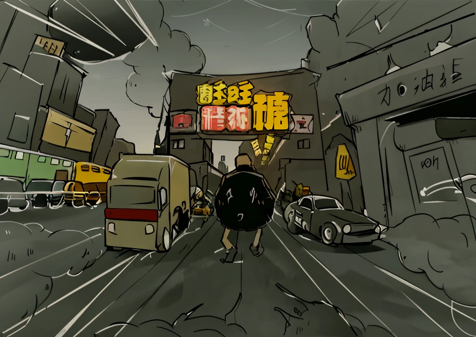 cartoon of a man walking on the street，There is a sign in the background, 2D Game Line Art Behance HD, 2D Game Line Art Behance HD, Animation city line drawing, gta chinatown art style, [ concept-art ]!!, King Kong&#39;s Wrath in the Streets, concept art for a video game, Start the page, Images available, Animated